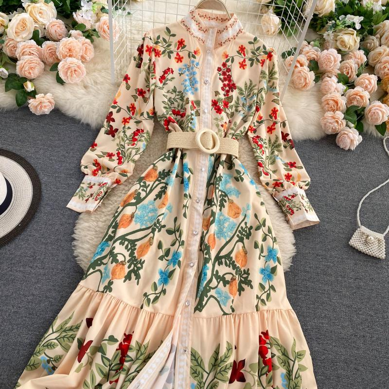 Abito da donna in stile palazzo retrò con cravatta in vita, girocollo, maniche lunghe, volant, gonna a trapezio in stile fata western_voghion.com