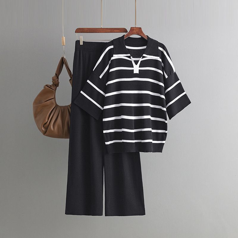 Women's Clothing contrast striped fashion suit new casual loose knitted wide leg pants two piece suit_voghion.com