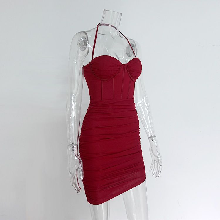 Damenbekleidung, sexy Netzkorsett, Neckholder-Minikleid für Damen – Clubwear, figurbetont, hohe Taille, Rüschen (Burgunderrot, Pink)_voghion.com