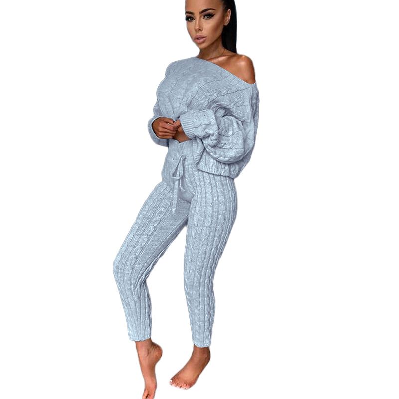 Women's fashion set crew-neck wool-knitted trousers long-sleeved set sweater_voghion.com