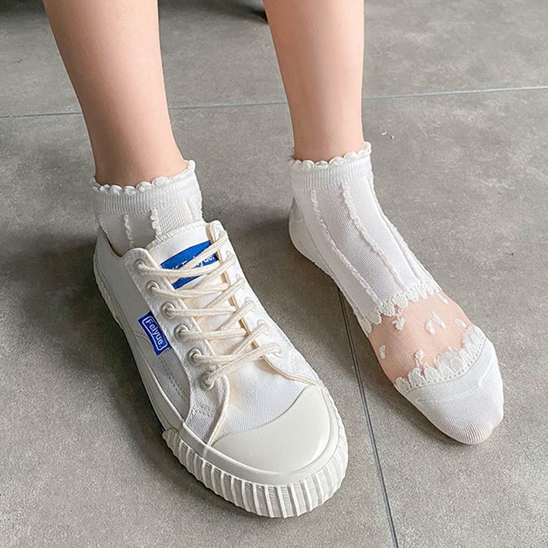 Women's wooden ear socks summer versatile hollow mesh white lace thin socks sweat-absorbent breathable glass Silk_voghion.com