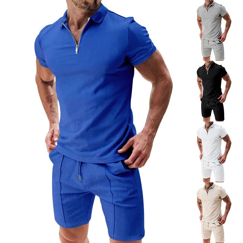 Set di t-shirt da uomo con colletto largo, pantaloncini a maniche corte, casual, estivi, in tessuto a nido d'ape, di qualità imbattibile, di colore puro._voghion.com