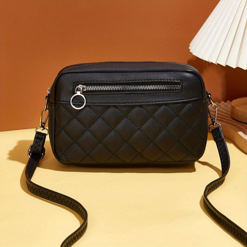 Bolsa transversal feminina acolchoada com losangos - Bolsa para câmera de grande capacidade, estilo minimalista_voghion.com