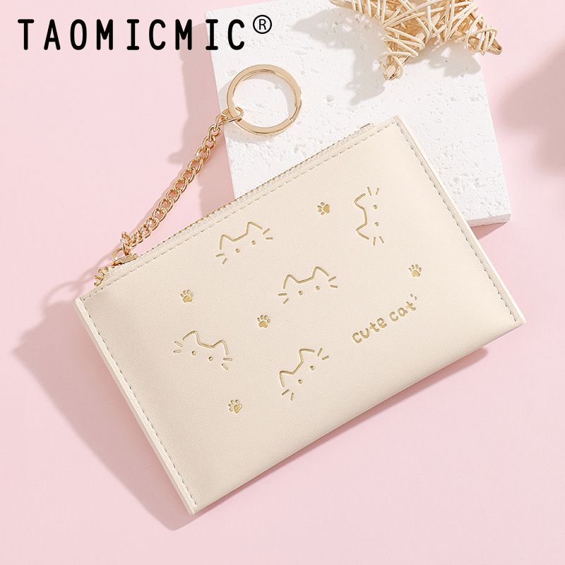 New Cute Little Cat One-Word Pull Coin Purse Mini Student Compact Keychain Access Card Holder_voghion.com