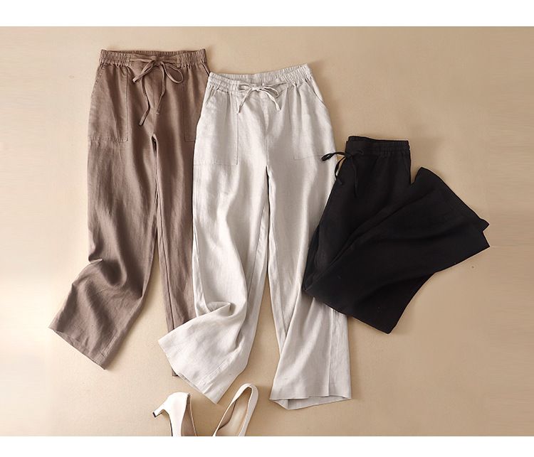 Vêtements pour femmes Coton chanvre jambes larges pantalons longs femmes lâche minceur grande taille taille haute pantalon droit dessiner corde pantalon décontracté pour femmes_voghion.com
