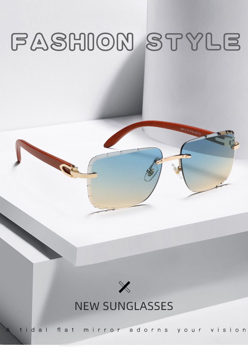 Óculos de Sol Unissex Estilosos e Originais com Hastes de Madeira, Sem Aro, para Mulheres; Óculos de Sol com Armação Quadrada e Borda Recortada Ocean Slice para Homens._voghion.com