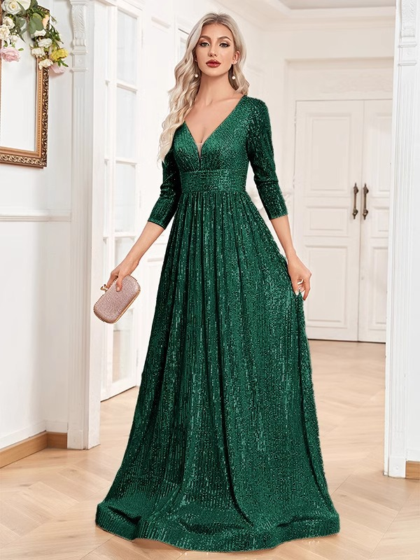 Abendkleid mit Pailletten, großer Schwung, V-Ausschnitt, hohe Taille, Host-Bankettkleid, Abend-Performance-Kleid_voghion.com