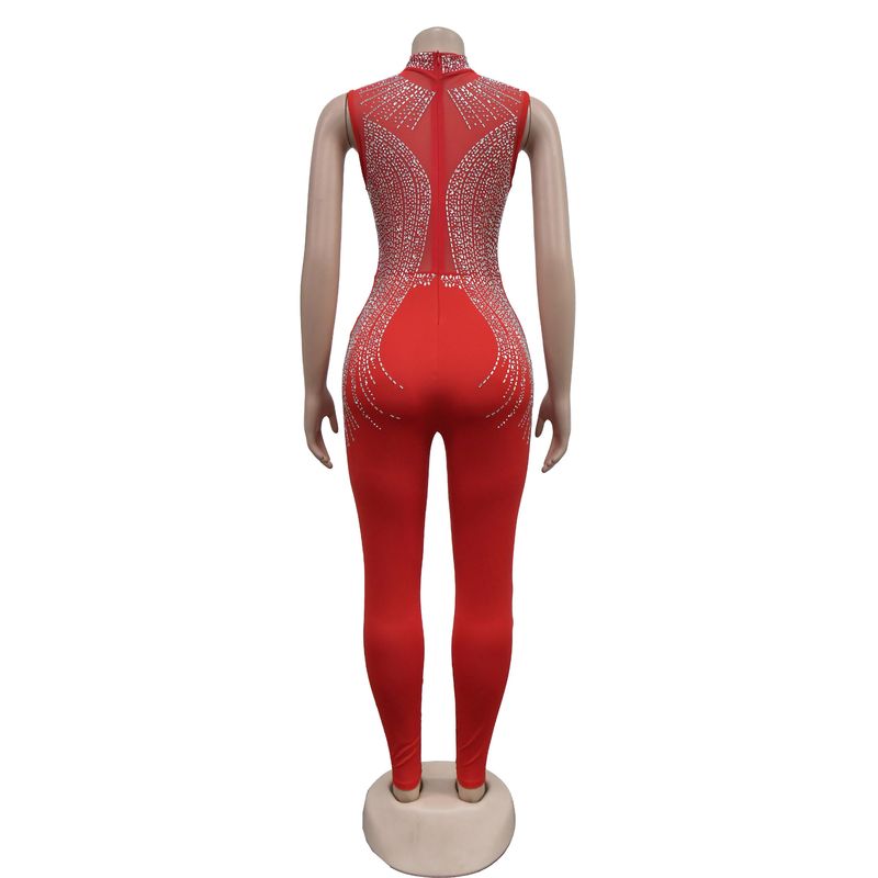 Vêtements pour femmes mode femmes couleur unie maille presse perceuse sans manches pantalon combinaison_voghion.com
