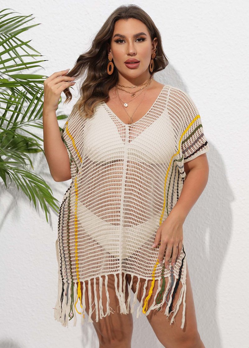 Chemisier de vacances pour femmes, grande taille, rayé, coutures contrastées, robe de plage, bikini, vêtements d'extérieur_voghion.com