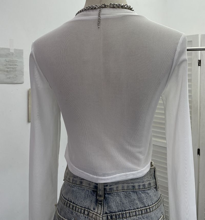 Damenbekleidung Zweiteiliges Denim-Spleißen-Netz-Langarmoberteil Kurzer, freiliegender Bauchnabel Schlankes T-Shirt_voghion.com