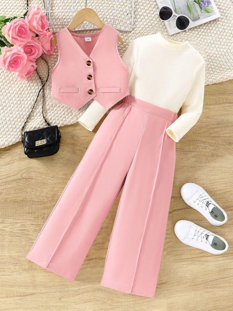 Vestito da drama coreano, stile piccolo profumo di alta qualità, completo rosa, pantaloni gilet, camicia con collo alto, tre pezzi_voghion.com