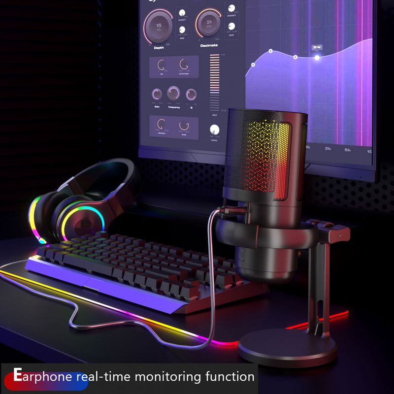 USB mikrofon za snemanje in pretakanje na računalniku, izhod za slušalke in gumb za izklop zvoka na dotik, mikrofon s 3 RGB načini_voghion.com