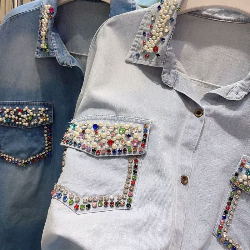 Women's clothing diamond denim shirt for women 2024 spring and summer thin shirt fashionable all-match top trend_voghion.com