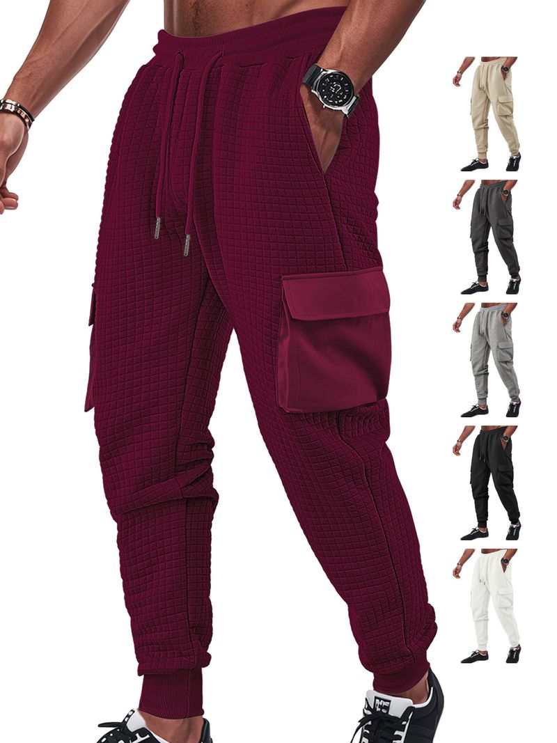 Men's Spring And Autumn New Thickened Multi-Pocket Jacquard Checkered Casual Cargo Pants_voghion.com