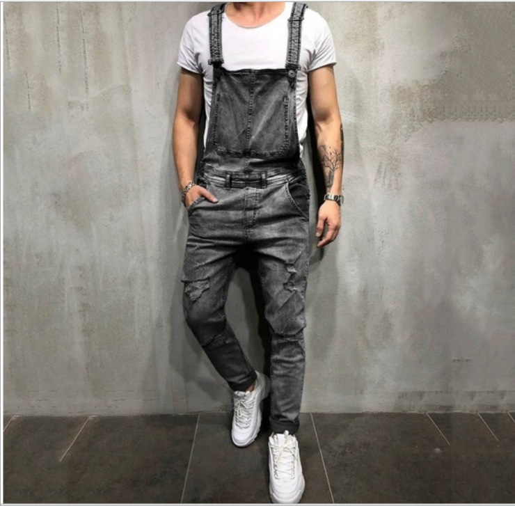 Erkek Giyim Moda Erkek Askılı Tulum Yıpranmış Erkek Dış Ticaret Kot Pantolon Tulum_voghion.com