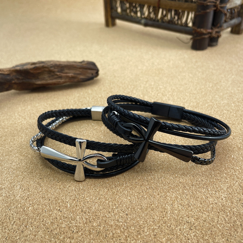 Mehrlagiges handgefertigtes gewebtes Lederband, klassisches Anka-Kreuz-Lederarmband_voghion.com