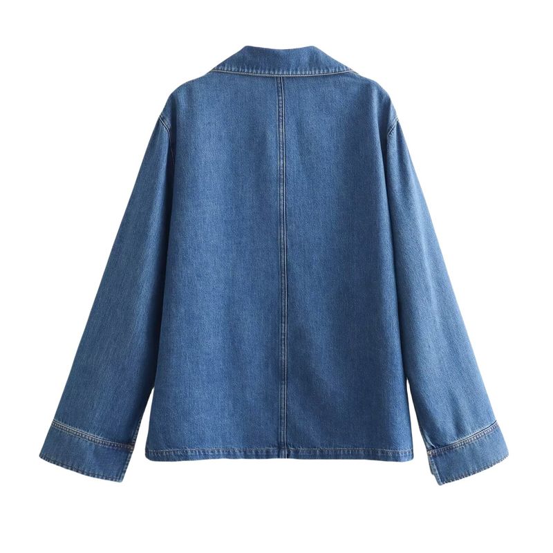 Giacca in denim alla moda da donna K; pantaloni lunghi con elastico in vita; completo casual in denim._voghion.com