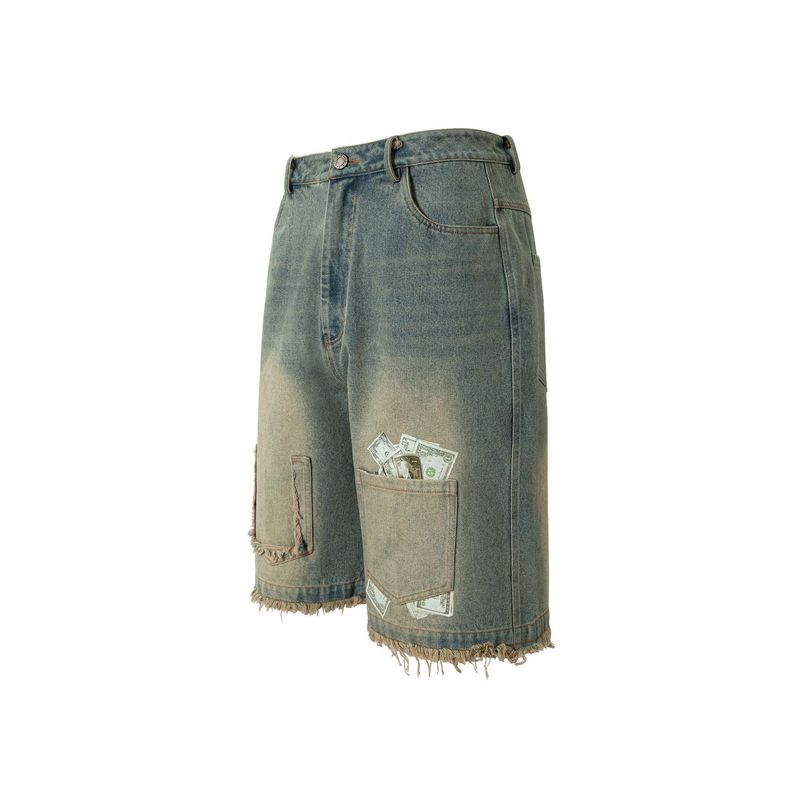 Îmbrăcăminte bărbătească Pantaloni scurți din denim rupți, spălați, cu gradient retro, de vară, personalizați, cu margini brute_voghion.com