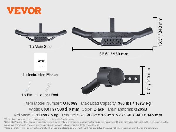 VEVOR Hitch Step For 2" Receiver Universal Trailer Tow Rear Bumper Guard Steel_voghion.com