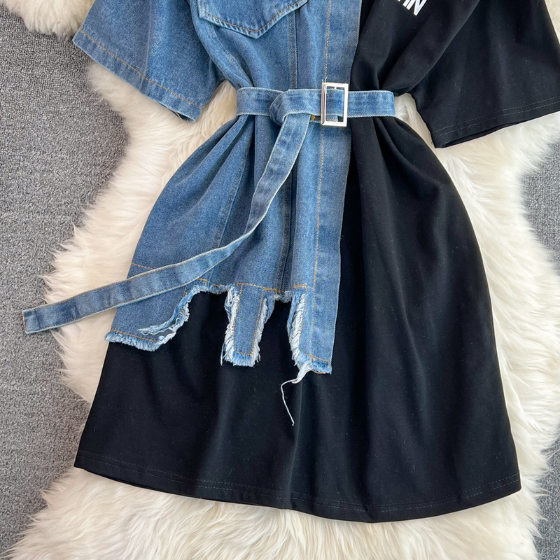Taille Tailliert Rundhals Color Block Jeanshemd Chic Casual Mittellang_voghion.com