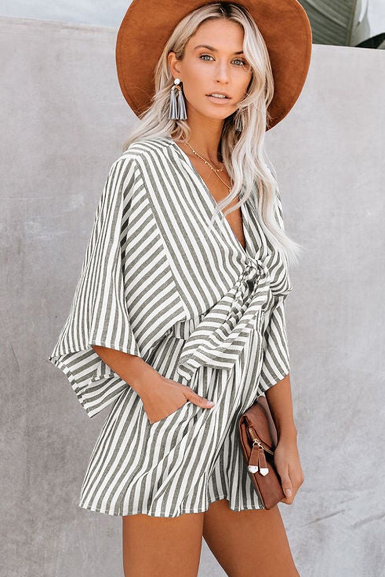 2023 Summer Waist Wrap Slim Stripe jumpsuit Women's Deep V Flare Sleeve 3/4 Pants_voghion.com