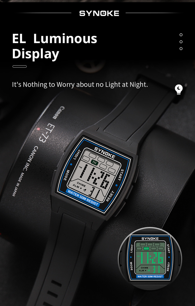 SYNOKE Sport elektronische Uhr Herren multifunktionale quadratische Retro leuchtende wasserdichte Outdoor-Studentenuhr_voghion.com