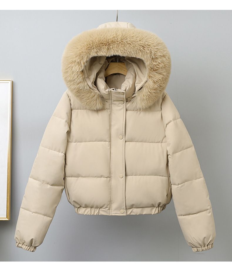 Damenbekleidung Kurze Pufferjacke für Damen mit Kunstpelzbesatz, Wintermantel mit Fleecefutter, übergroßer Parka mit Kapuze für Freizeit und Pendeln_voghion.com