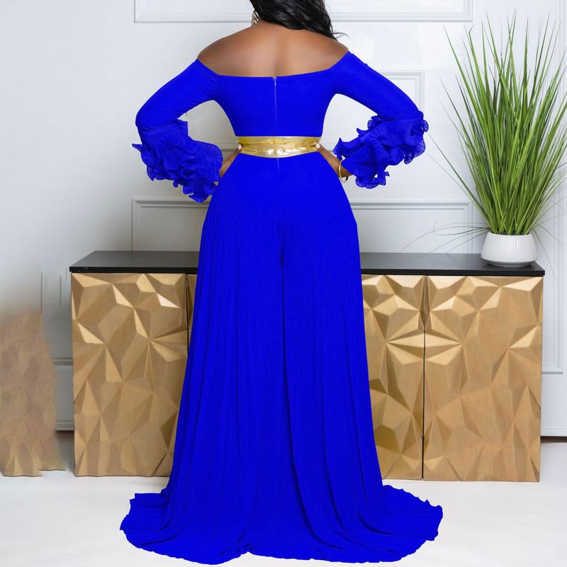 Damkläder Nytt mode en axel volangärm Enfärgad plisserad Jumpsuit med vida ben_voghion.com
