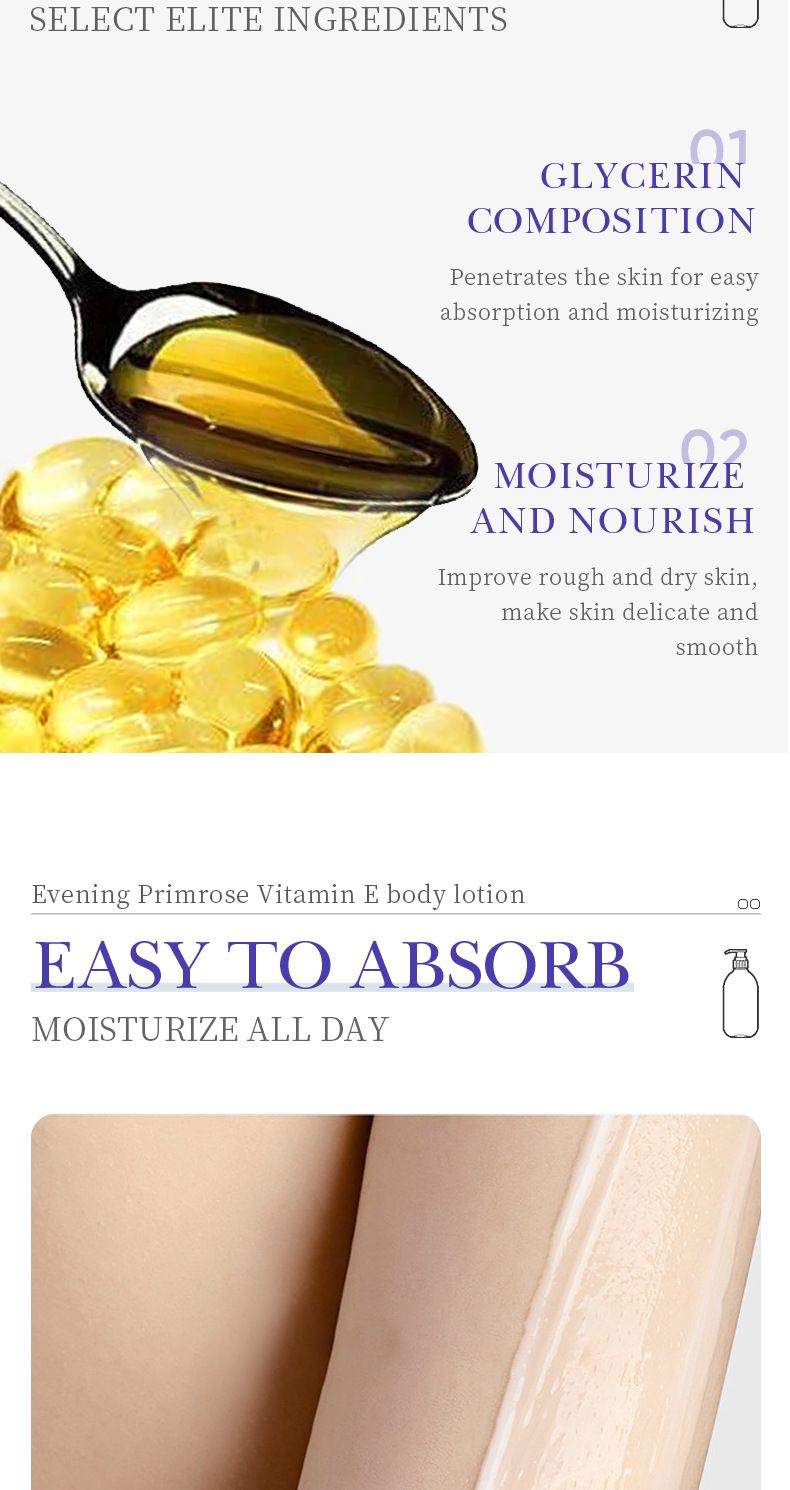 Loción de vitamina E 400 ml de onagra hidratante y humectante para todo el cuerpo_voghion.com
