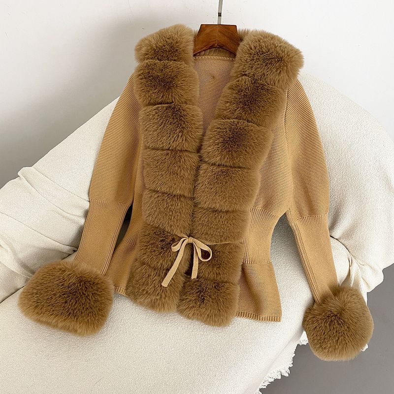 Damenbekleidung Herbst und Winter Strickpullover Pelz Knopfleiste Manschetten Abnehmbarer Strickpullover_voghion.com