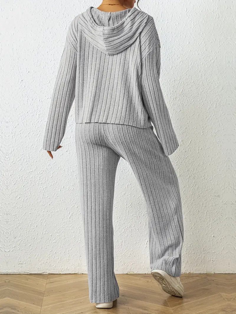 Ensemble élégant deux pièces à capuche et pantalon large pour femme, couleur unie, automne 2024_voghion.com