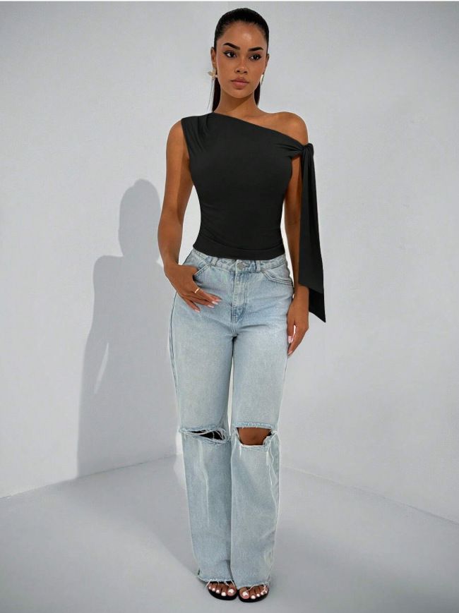 Ropa de mujer, novedad de verano 2025, moda urbana, corte entallado, lazo diagonal, color liso, sin mangas_voghion.com