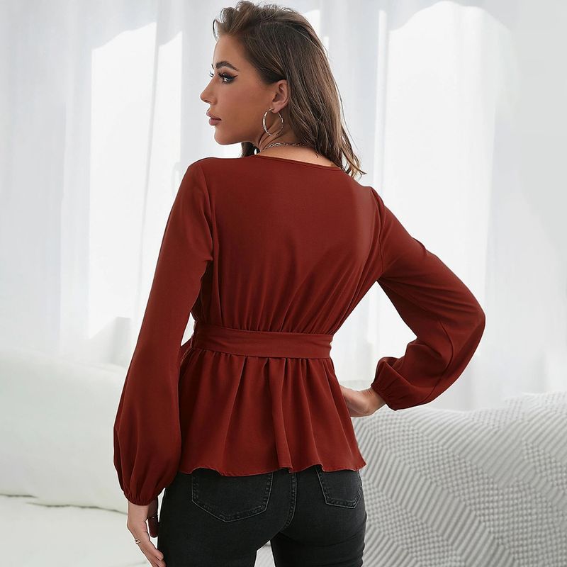 2023 Women's New Square Neck Elastic Waist Ruffle Edge Long Sleeve Women's Shirt Temperament Top_voghion.com