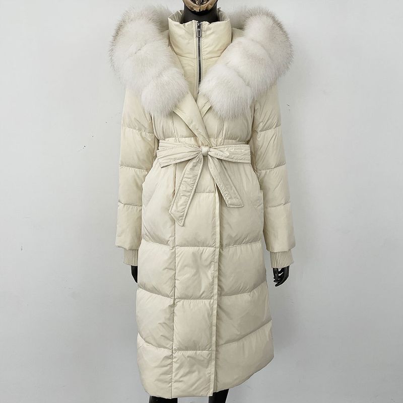 Fox Fur Large Collar Down Jacket With Hood And Long Style For Winter, Slim Waist And Knee Length Thickened Women's Coat_voghion.com