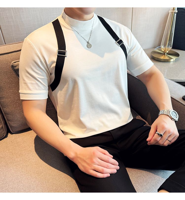 Good Things Recommend Summer Thin T-shirt Fashion Strap Design Splicing Round Neck Short-sleeved T-shirt Men's Webbing Decorative T-shirt_voghion.com