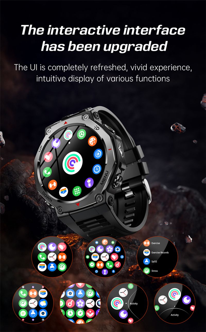 Orologio intelligente robusto per sport all'aria aperta KT85, display HD AMOLED da 1,43", batteria a lunga durata da 525 mAh, monitoraggio del fitness, calorie e distanza._voghion.com