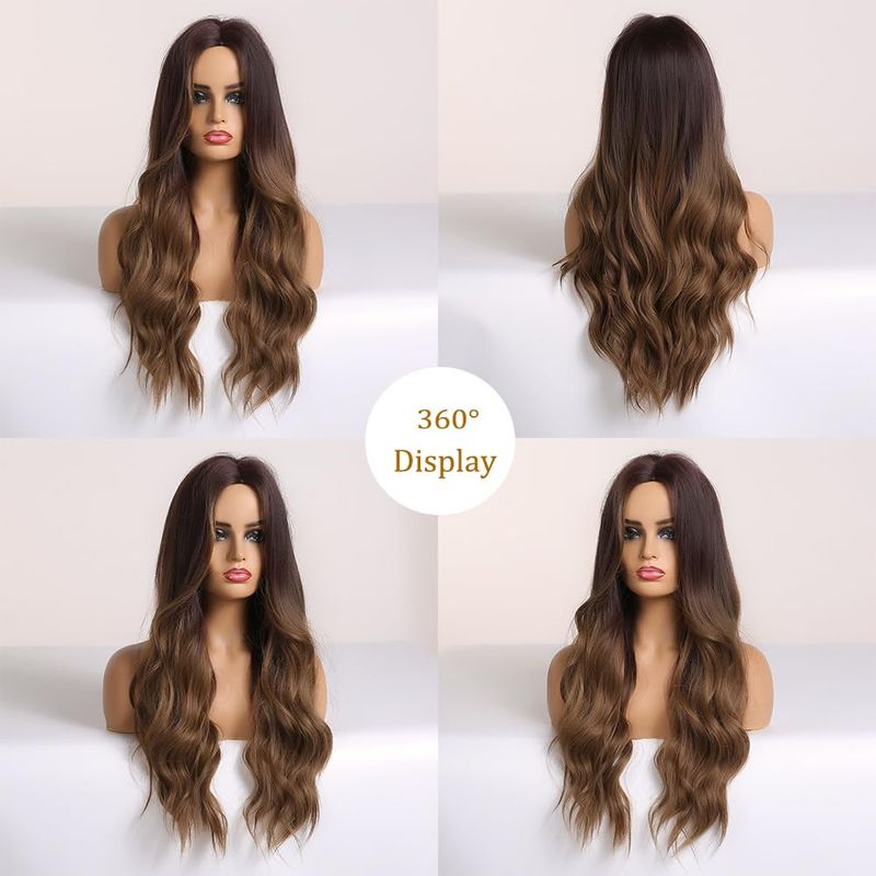 Haoland Wave-peluca sintética de 26 pulgadas para mujer, pelo largo y rizado, marrón, dorado, negro Natural, parte media, resistente al calor_voghion.com