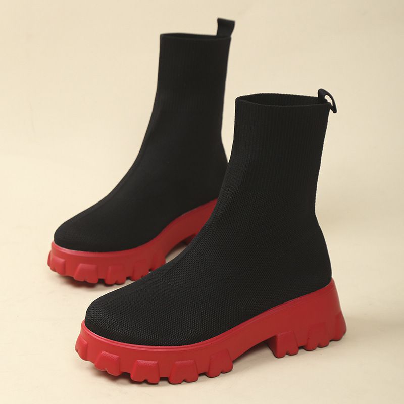 Zīmola SHLIANG Sieviešu puszābaki Viegli ikdienas apavi sievietēm Wedge Fashion Zeķu zābaki Adīšana Ziemas Vidēja Tube Platform Boot SB159_voghion.com