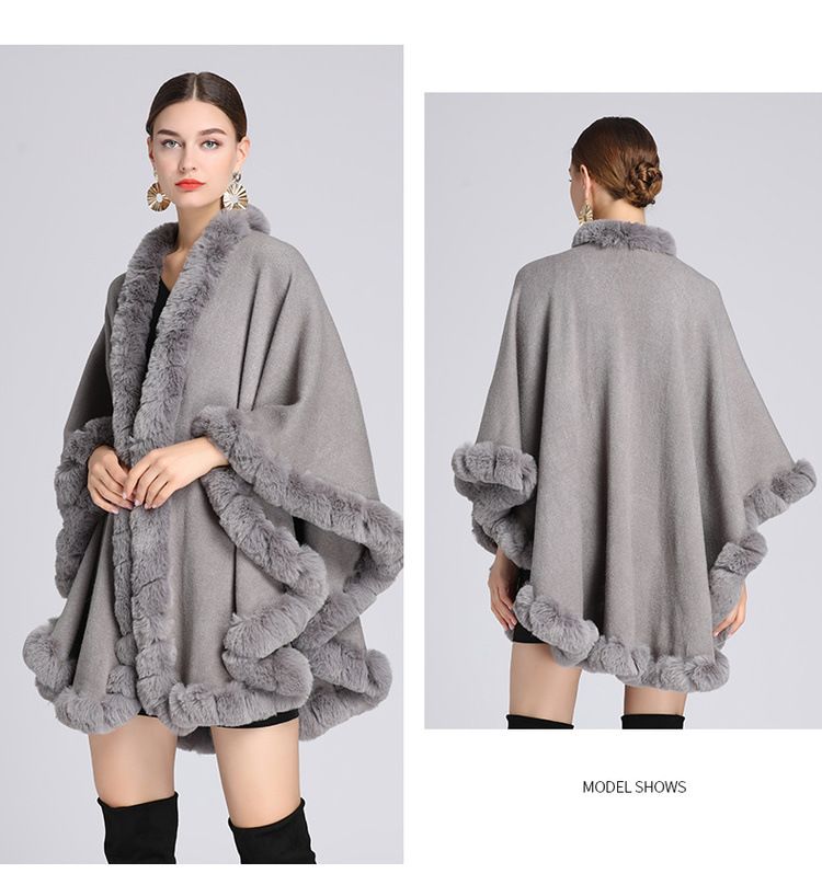 Fur Collar Cape Ladies Large Size Knitted Cardigan Loose Coat Artificial Fur Fashionable And Warm Shawl Cape_voghion.com