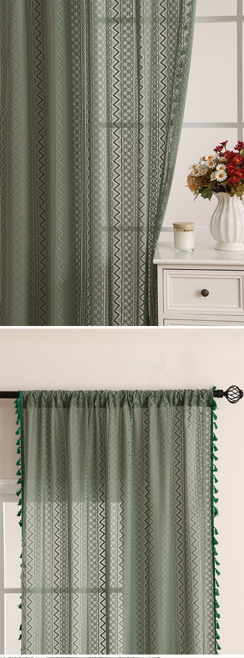 Modern Sheer Curtains For Living Room & Bedroom - Light Filtering Polyester, Eyelet Design, 140x160/200/260cm (Green, Beige)_voghion.com