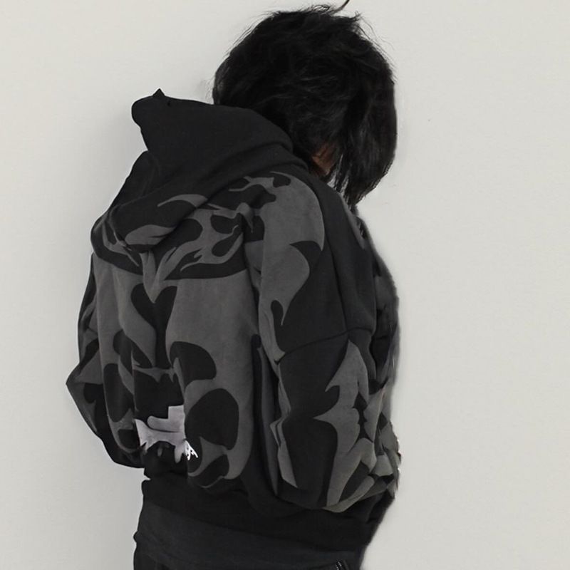 Gothic Print Zip-Up Hoodie - Unisex Dark Aesthetic Sweater | Winter Warm Pullover_voghion.com
