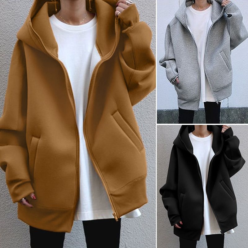 Felpa lunga in pile con cappuccio con cerniera personalizzata autunno e inverno nuovo stile da donna_voghion.com