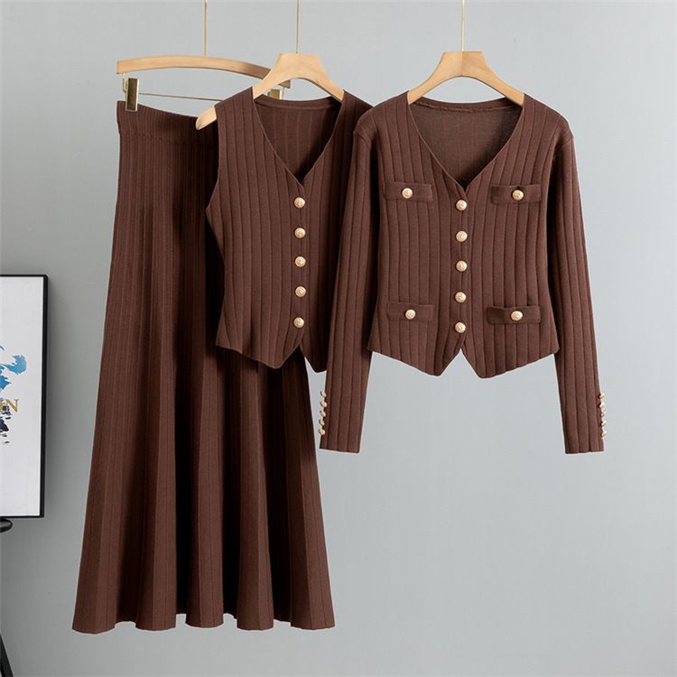 Ženska oblačila, oprijet kroj, krilo, pulover, tridelni komplet za ženske, pomlad in jesen, nov telovnik, pleteni kardigan, komplet_voghion.com