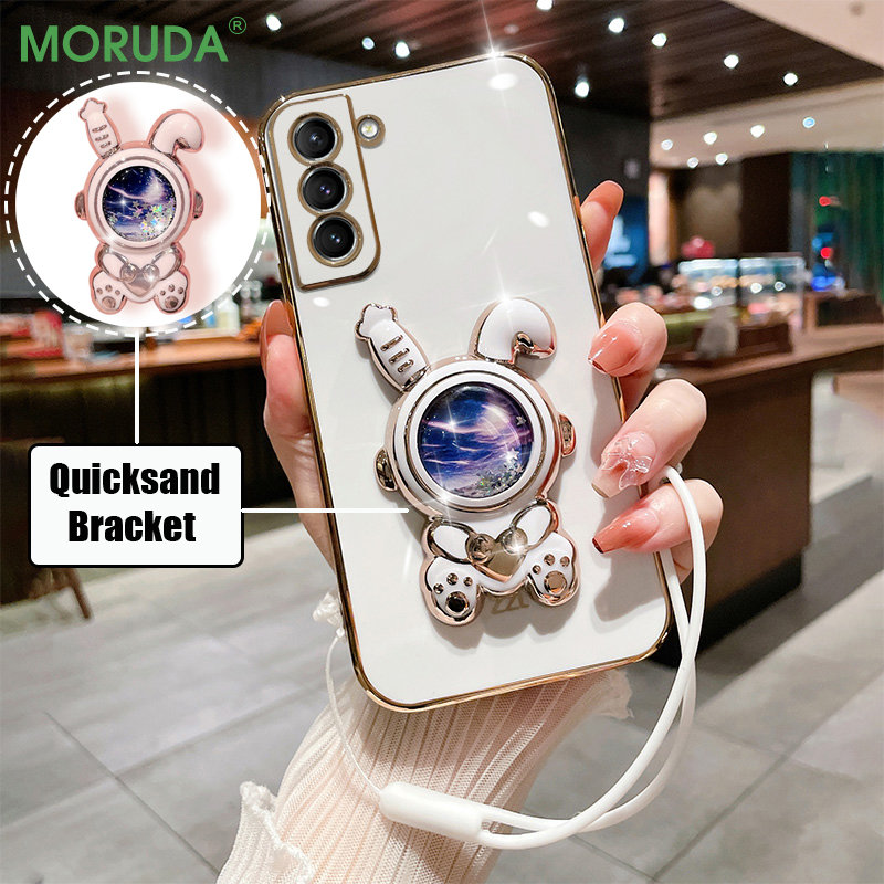 3D Quicksand Rabbit Fold Bracket Hülle fir Samsung Galaxy S23 S22 Note20 S21 S20 Ultra Plus FE A73 A53 A72 A52 Cover mat Lanyard_voghion.com