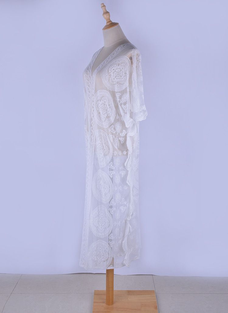 Beach Cover-Up Dress – 100% Cotton Crochet Bikini Wrap, Lightweight 220GSM, Flowing Longline Design (One Size, White/Black/Black-White)_voghion.com