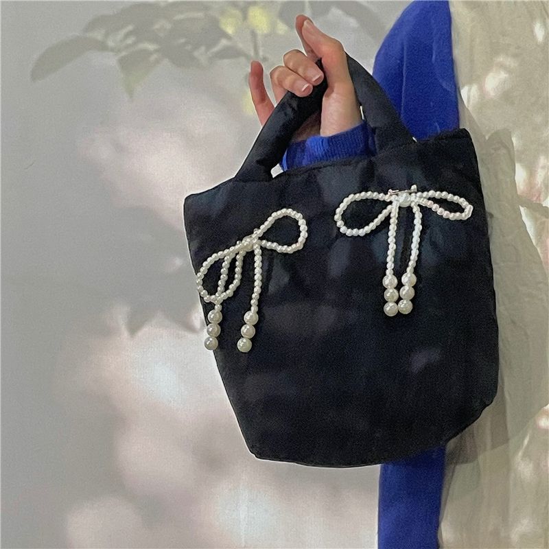 Nischendesign Feeling Bow Damen Perle 2024 Neue handliche, mit Baumwolle gefüllte kleine Umhängetasche mit einer Schulter_voghion.com