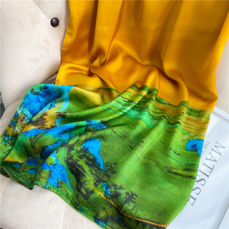 Sciarpa di seta Qianli Jiangshan Sciarpa dorata Scialle in stile cinese Splendida sciarpa quadrata Fascia per capelli grande da 110 cm_voghion.com