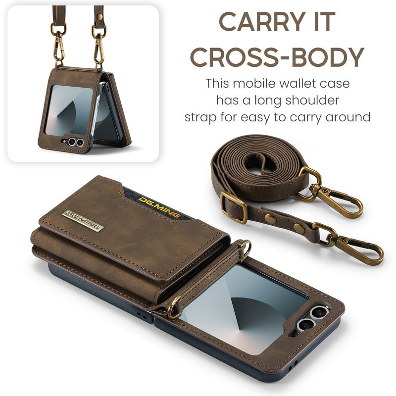Custodia pieghevole M2 per Samsung Z Flip6 Custodia per telefono con portafoglio per carte Custodia protettiva in pelle con tracolla Z Flip6_voghion.com