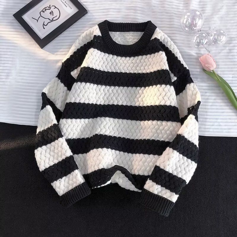 Gestreepte trui heren herfst Koreaanse stijl losse jas trendy merk winter kleurblok lange mouwen breiwerk_voghion.com