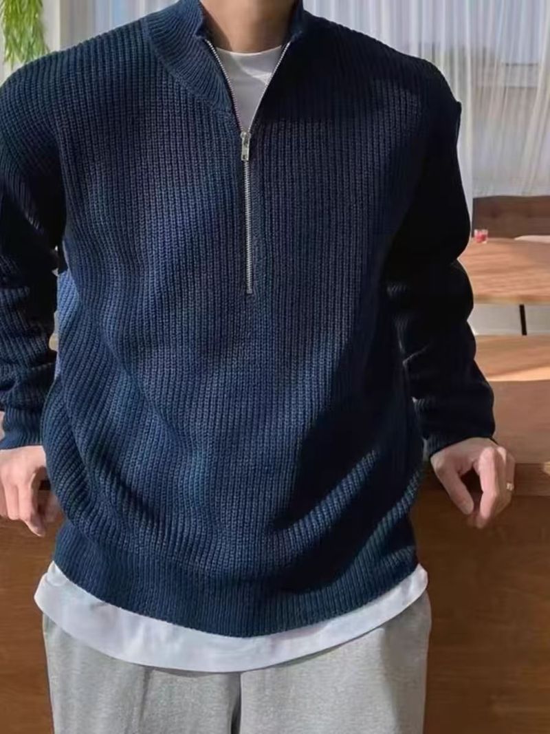 Maglione casual da uomo con mezza zip e collo alto, traspirante, lavabile in lavatrice, elasticizzato (bianco, grigio, nero, blu)_voghion.com
